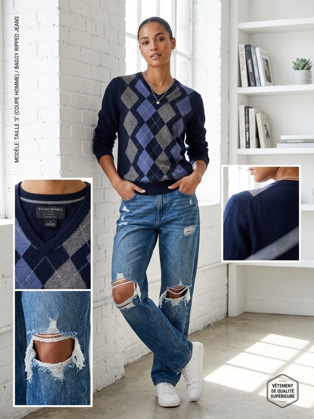 Banana Republic Men's small Navy Argyle V-Neck Sweater